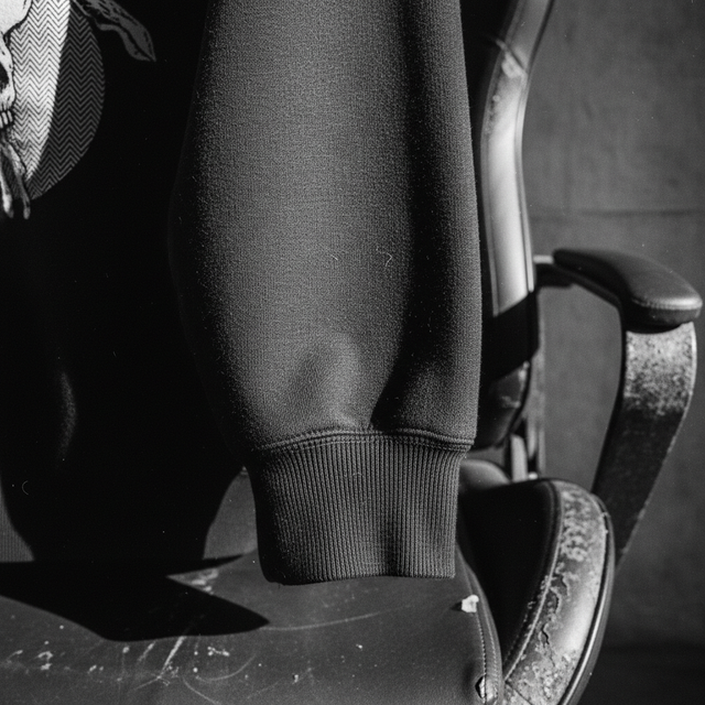 Grim Reaper Rising Organic Crewneck black sweatshirt flat lay showing twin needle stitching and soft brushed fleece texture.