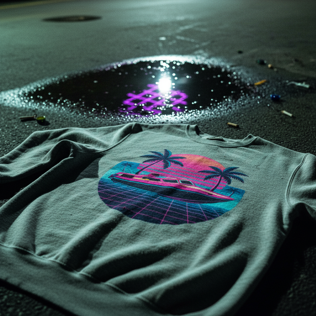 Close-up of the Retro Speedboat Organic Sweatshirt showing the 1x1 ribbing and vaporwave graphic print texture.