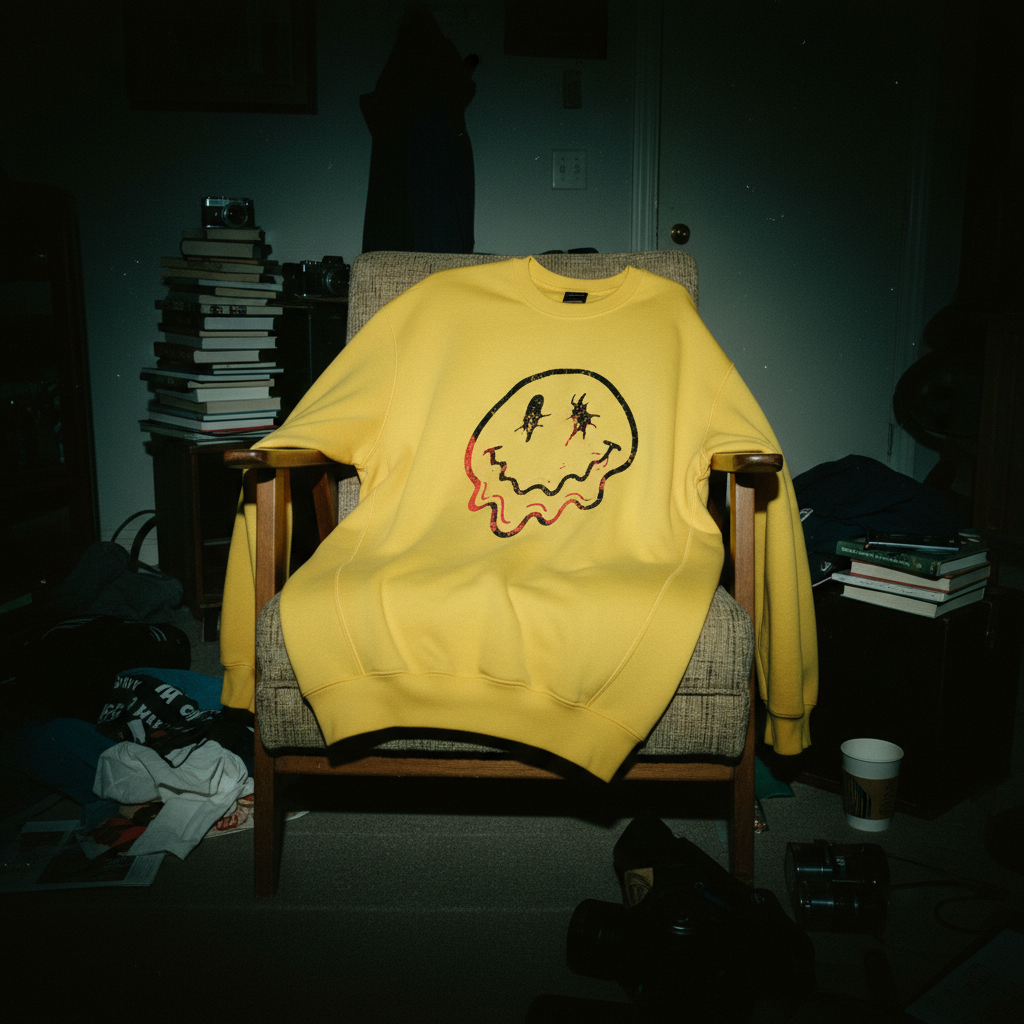 A high-fidelity lifestyle shot of the Melting Smiley Sweatshirt in Desert Dust color, showcasing the mid-weight drape and organic texture.