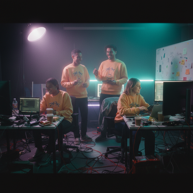 A black organic cotton sweatshirt featuring a high-contrast graphic of neon pink and blue palm trees set against a dark, grid-lined vaporwave sun.