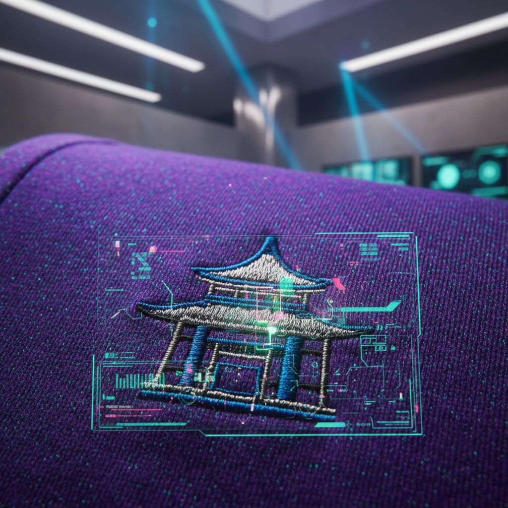 Macro shot of black 400gsm organic cotton techwear fabric texture featuring detailed cyberpunk pagoda embroidery and french terry interior loop.