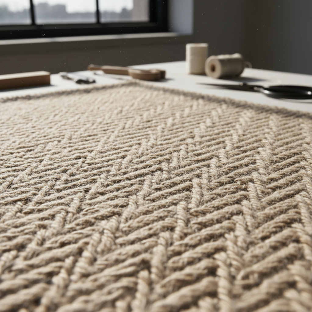 Macro shot of 400GSM organic cotton fabric texture showing tight weave structure in neutral beige tone.