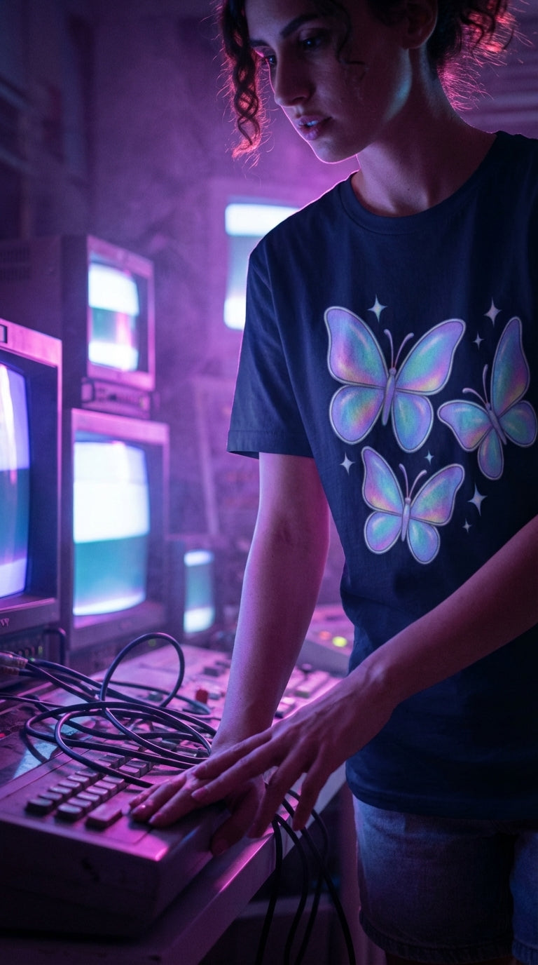 Verified Sustainable Y2K Fashion: Iridescent Butterflies Organic Tee | EU Directive Compliant