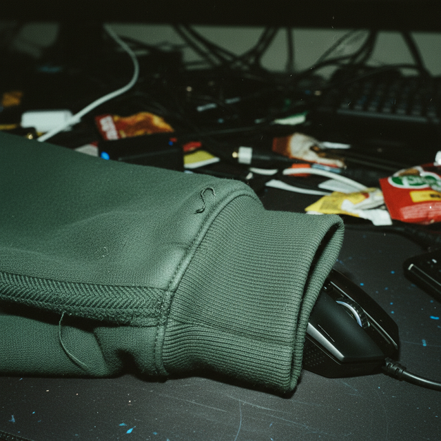 Gamer wearing Celestial Lotus Core organic sweatshirt in a dimly lit gaming setup