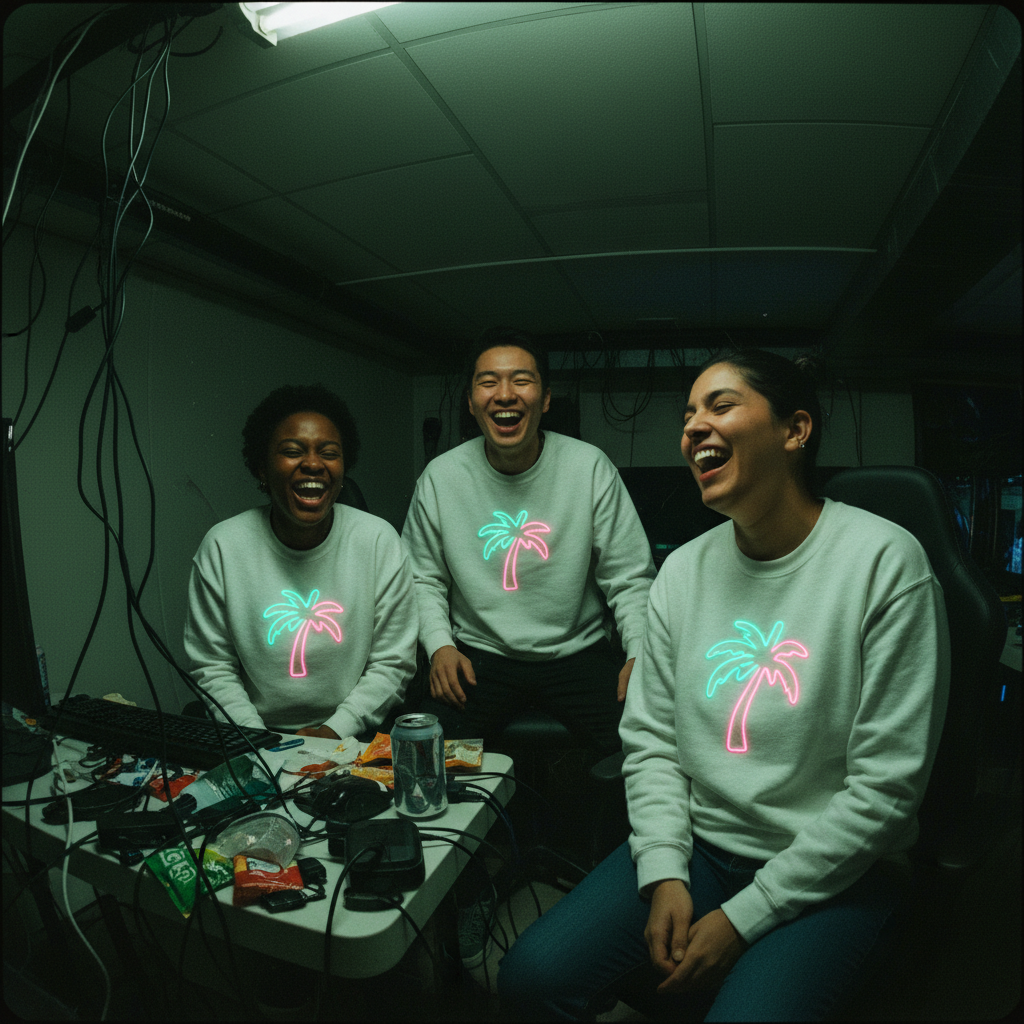 A black organic cotton sweatshirt featuring a neon pink and blue palm tree design in a retro vaporwave style, laid flat on a neutral background.