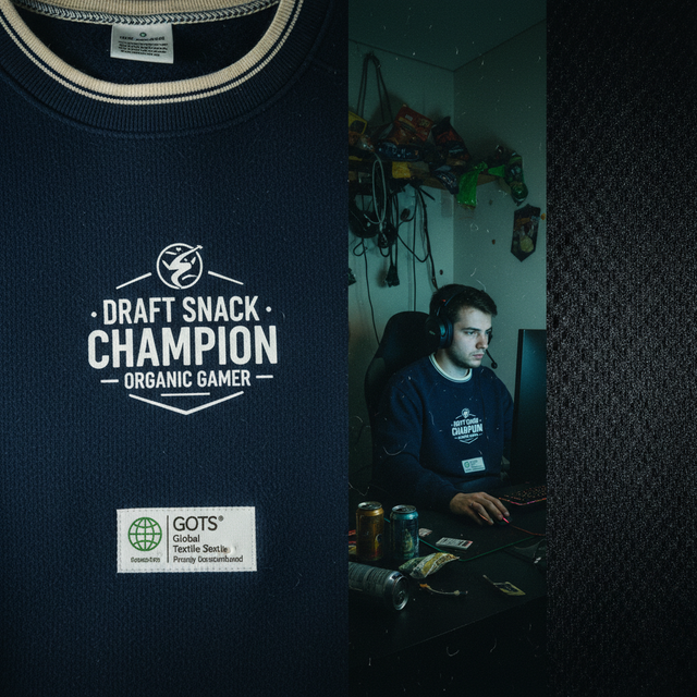 Close up of the Draft Snack Champion sweatshirt in navy blue featuring a pizza slice and booster pack graphic.