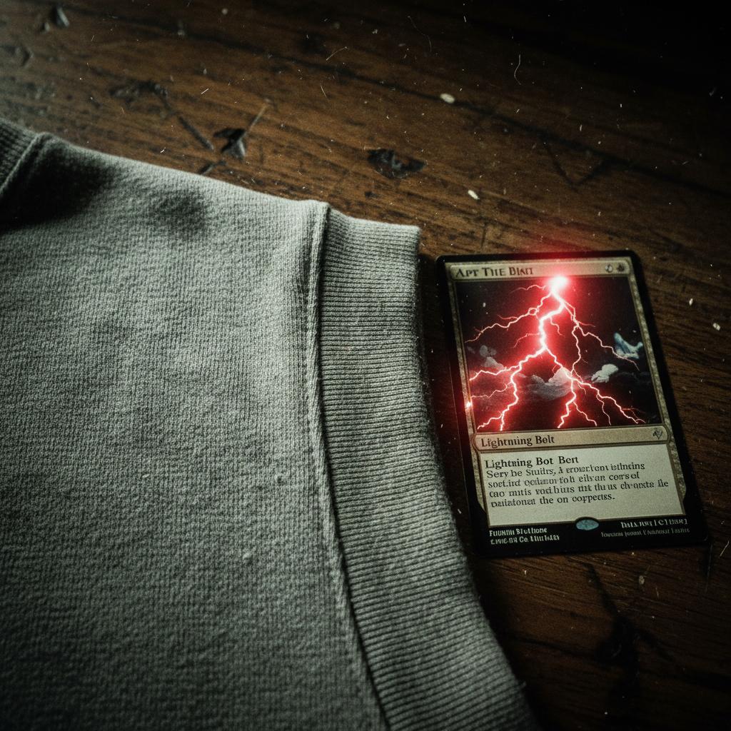 A flat lay of the Bolt the Bird organic sweatshirt showing the black fabric texture and ribbed collar, contrasted against a tabletop gaming setup with dice and cards.