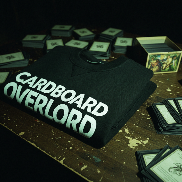 A close-up texture shot of the Cardboard Overlord black sweatshirt showing the organic cotton weave and twin-needle stitching detail.