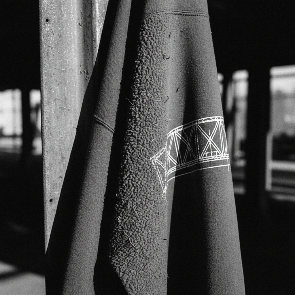 High Steel Ironworker Hoodie flat lay showing technical blueprint graphic on organic cotton fabric