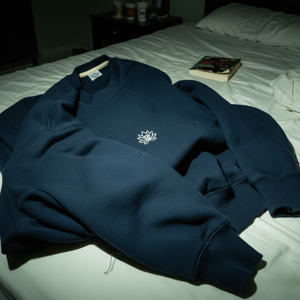 A professional esports athlete wearing the Celestial Lotus Core organic sweatshirt in a high-tech gaming environment.