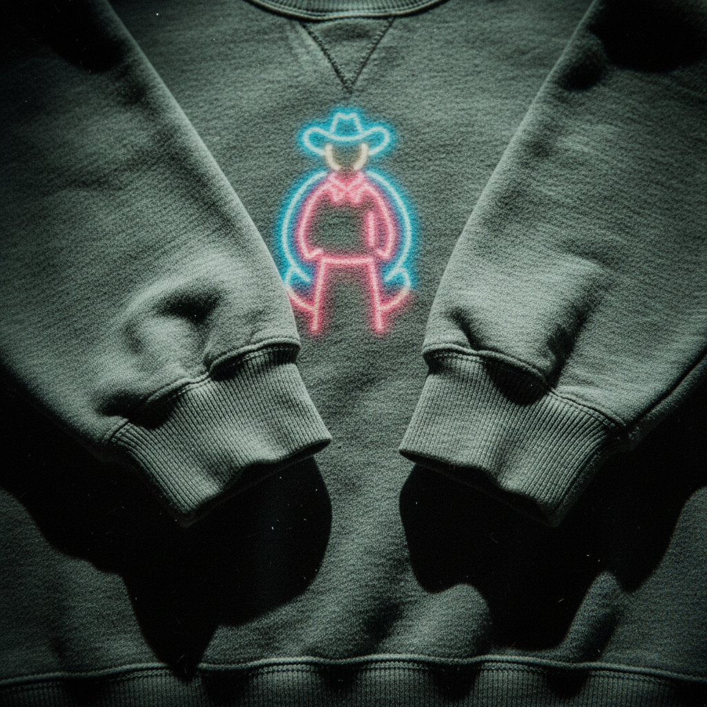 A flat lay of the Rope The Cosmos Organic Sweatshirt in black, showing the twin-needle stitching, ribbed cuffs, and high-contrast organic cotton texture against a dark background.