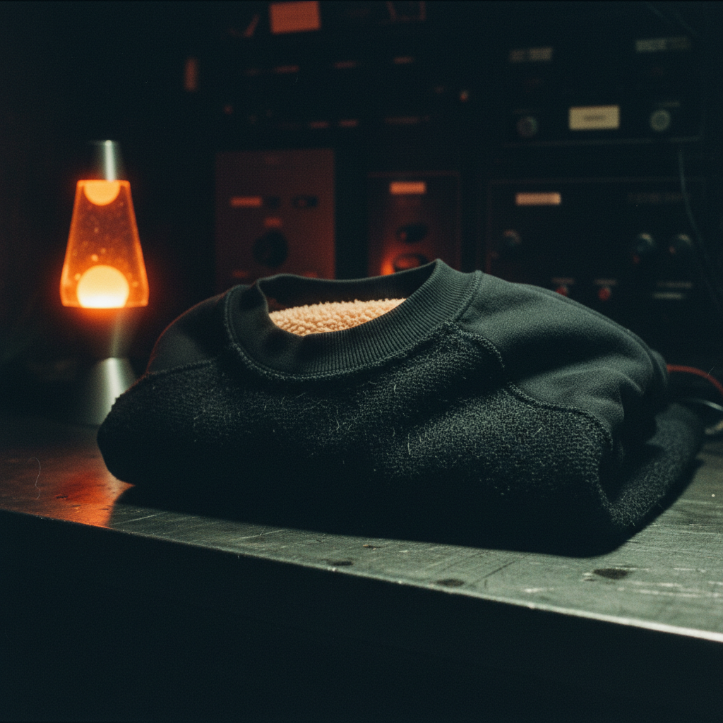 Close up of black organic cotton sweatshirt fabric texture showing brushed fleece quality