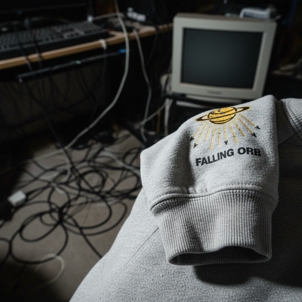 Model wearing organic cotton gamer sweatshirt in a neon lit room, displaying the danger falling orb graphic design