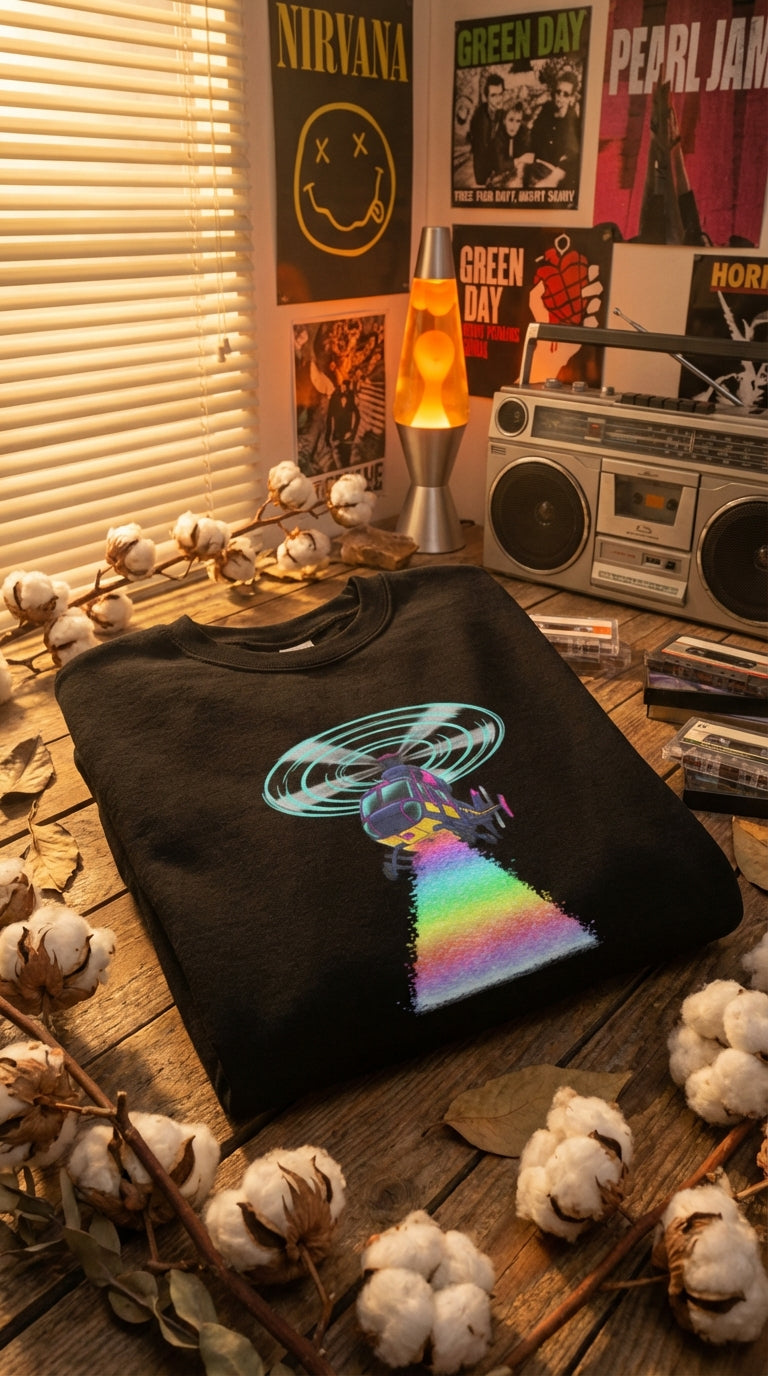 Retro Glitch Helicopter Organic Sweatshirt | 90s Tech-Optimism Frutiger Aero Streetwear
