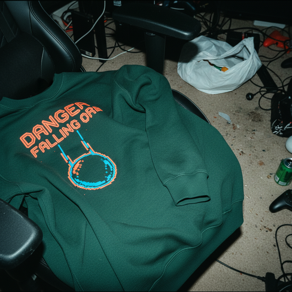 Flat lay of the Danger Falling Orb organic sweatshirt showing the graphic print and fabric texture.