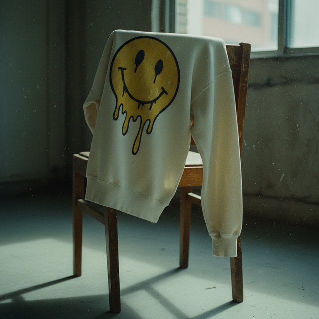 Close up of the Melting Smiley Sweatshirt fabric texture showing the organic cotton weave and desert dust color.