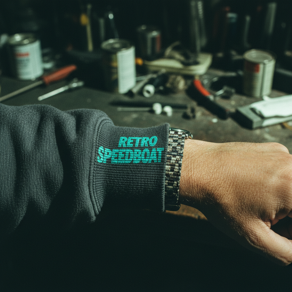 Close up of 80s retro vaporwave speedboat graphic on organic cotton sweatshirt