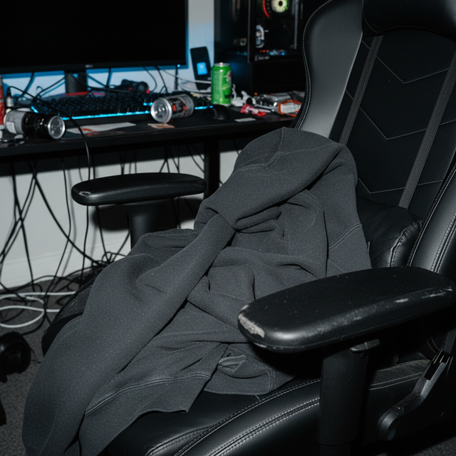 A professional esports athlete wearing the Draft Snack Champion Organic Sweatshirt in a dimly lit gaming room.