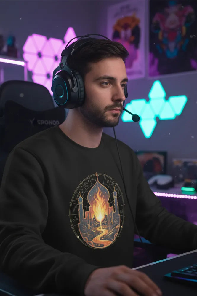 Arcane Desert Gateway: The Organic Gamer Sweatshirt Fusing Y2K Nostalgia & Eco-Conscious Style