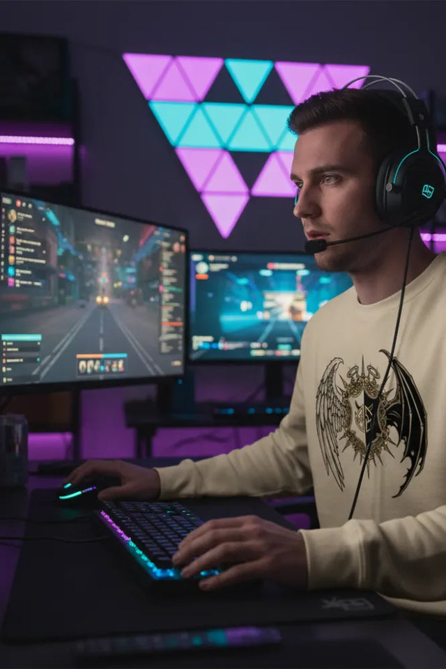 Celestial Crest Organic Gamer Sweatshirt: Elevate Your Game & Ethical Style