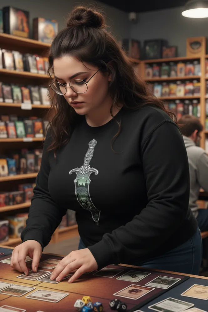 Emerald Relic Sword Sweatshirt: Legendary & Sustainable Gamer Apparel