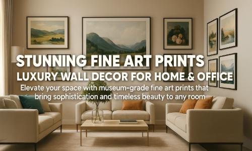A stylish modern living room adorned with fine art prints featuring serene landscapes and abstract designs, offering a cozy and elegant ambiance. Transform your walls with premium art prints 