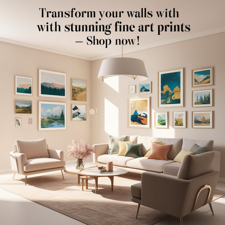 A stylish modern living room adorned with fine art prints featuring serene landscapes and abstract designs, offering a cozy and elegant ambiance. Transform your walls with premium art prints to elevate your home decor.