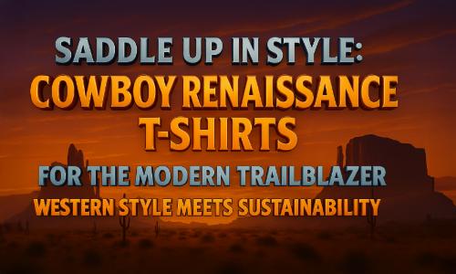 Cowboy Renaissance t-shirt design featuring a person wearing a black cowboy hat and ornate embroidered blue jacket with gold details.