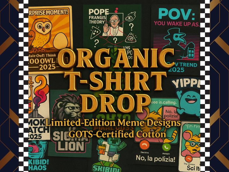 Organic cotton t-shirts in various colors hanging on a wooden rack. Eco-friendly, sustainable fashion with free shipping. Sizes S-2XL.