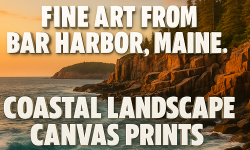 Fine art illustration of a Bar Harbor, Maine lighthouse perched on rocky cliffs with ocean waves and a warm sunrise, featuring text that reads ‘Fine Art from Bar Harbor, Maine – Stunning Coas