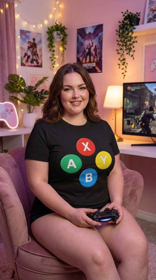 Unisex Organic Cotton ABXY Controller Buttons Tee - Cozy Plus Gamer in Living Room - Kitchen Table Legend