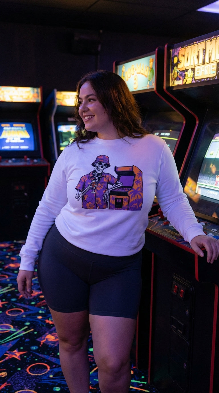 Retro Arcade Skeleton Organic Cotton Sweatshirt - Retro Plus Arcade in Neon Arcade Alley - 90s Retro Sustainable