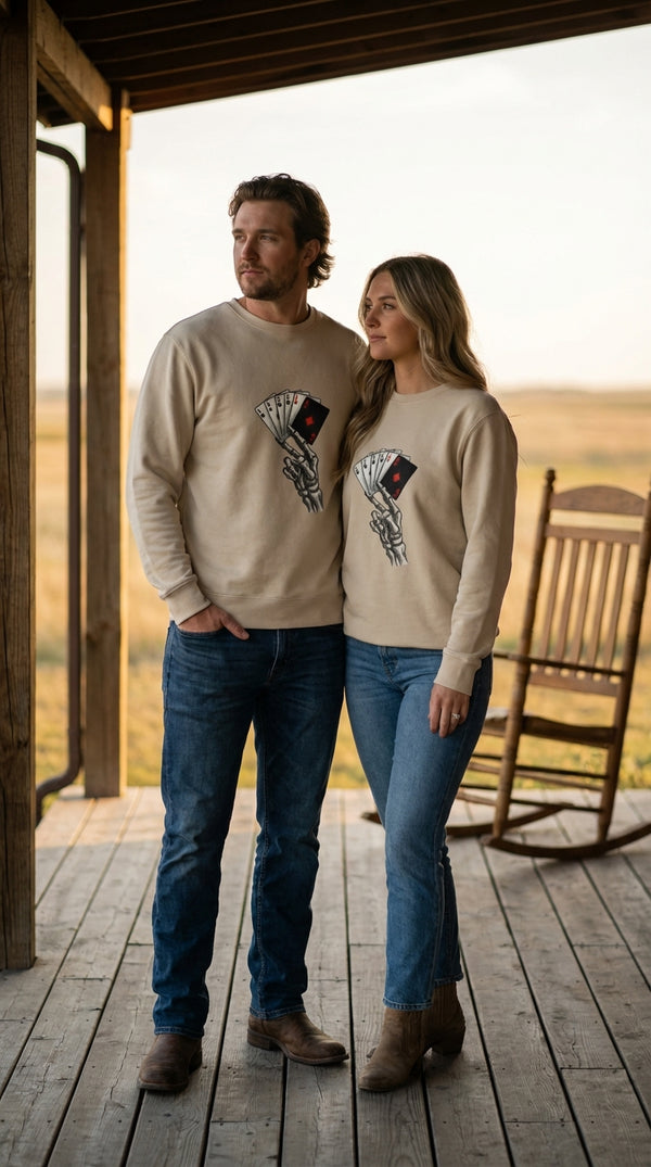 Skeleton Poker Hand Organic Cotton Crewneck Sweatshirt - Couple / Duo in Ranch Porch - Eco-Aesthetic Lifestyle