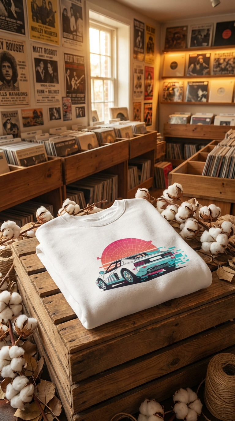 Synthwave 80s Car Organic Sweatshirt - GOTS Certification Hero in Vintage Record Store - 90s Retro Sustainable