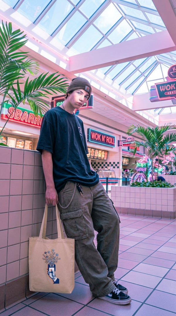 Eco-Friendly Organic Cotton Floppy Bloom Art Tote Bag - 90s Mall Goth in 90s Mall Food Court - GenZ Ethical Hype
