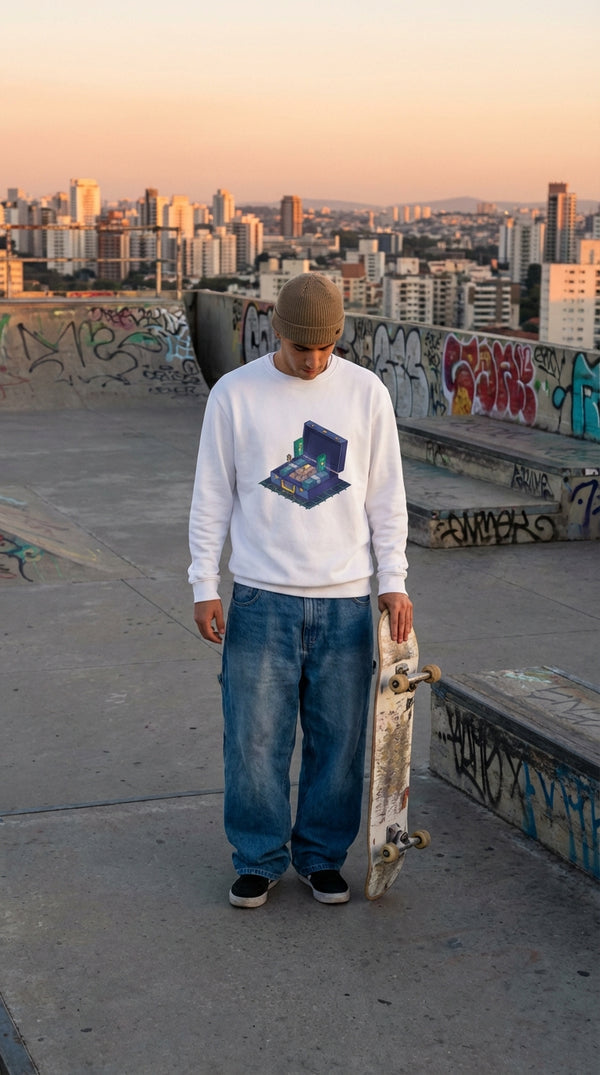 Secure The Bag Organic Sweatshirt - Retro Isometric Edition - Urban Skater in Rooftop Skatepark - 90s Retro Sustainable