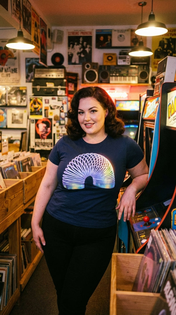 Retro Iridescent Slinky 90s Metallic Rainbow Coil T-Shirt - Retro Plus Arcade in Vintage Record Store - 90s Grunge Revival