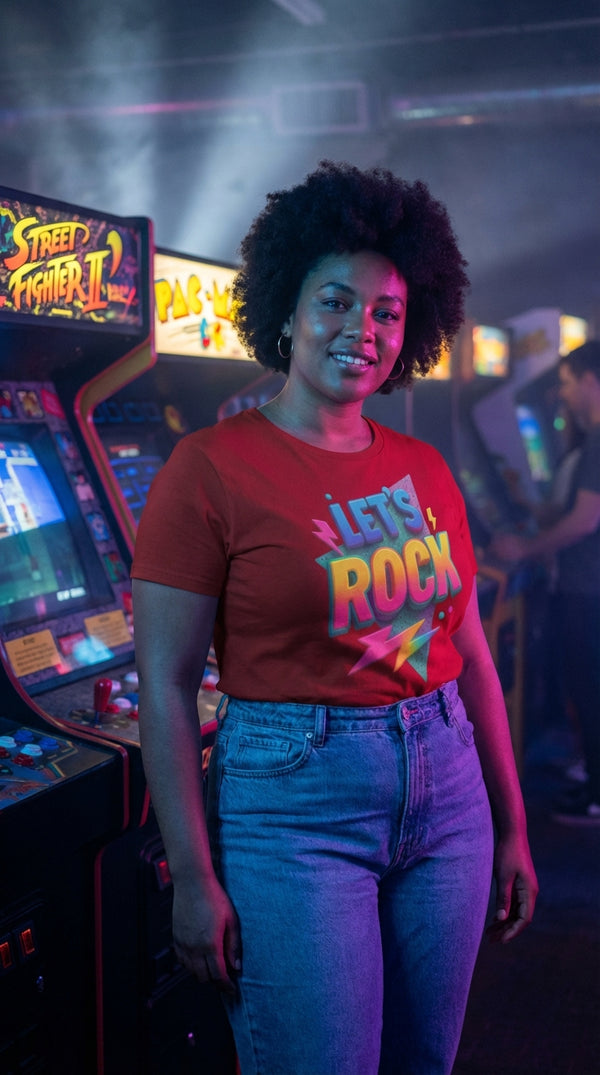 Organic Cotton 'Let's Rock' Tee - Retro Plus Arcade in Neon Arcade Alley - 90s Retro Sustainable