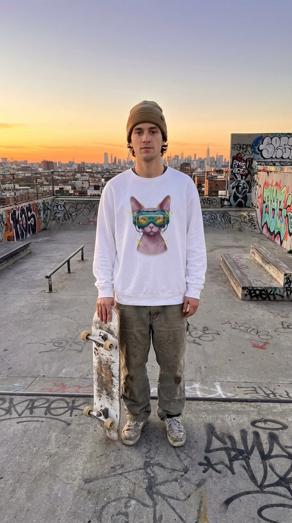 Cyber Sphynx Organic Sweatshirt - Gamer Cat Crewneck - Urban Skater in Rooftop Skatepark - 90s Grunge Revival