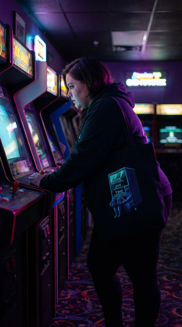 Organic Cotton Hope Dispenser Pixel Art Tote Bag - Neon Plus Streamer in Neon Arcade Alley - GenZ Ethical Hype