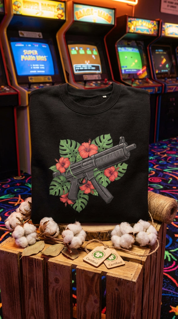 Tropical Tactical MP5 Organic Sweatshirt - GOTS Certification Hero in Neon Arcade Alley - 90s Retro Sustainable