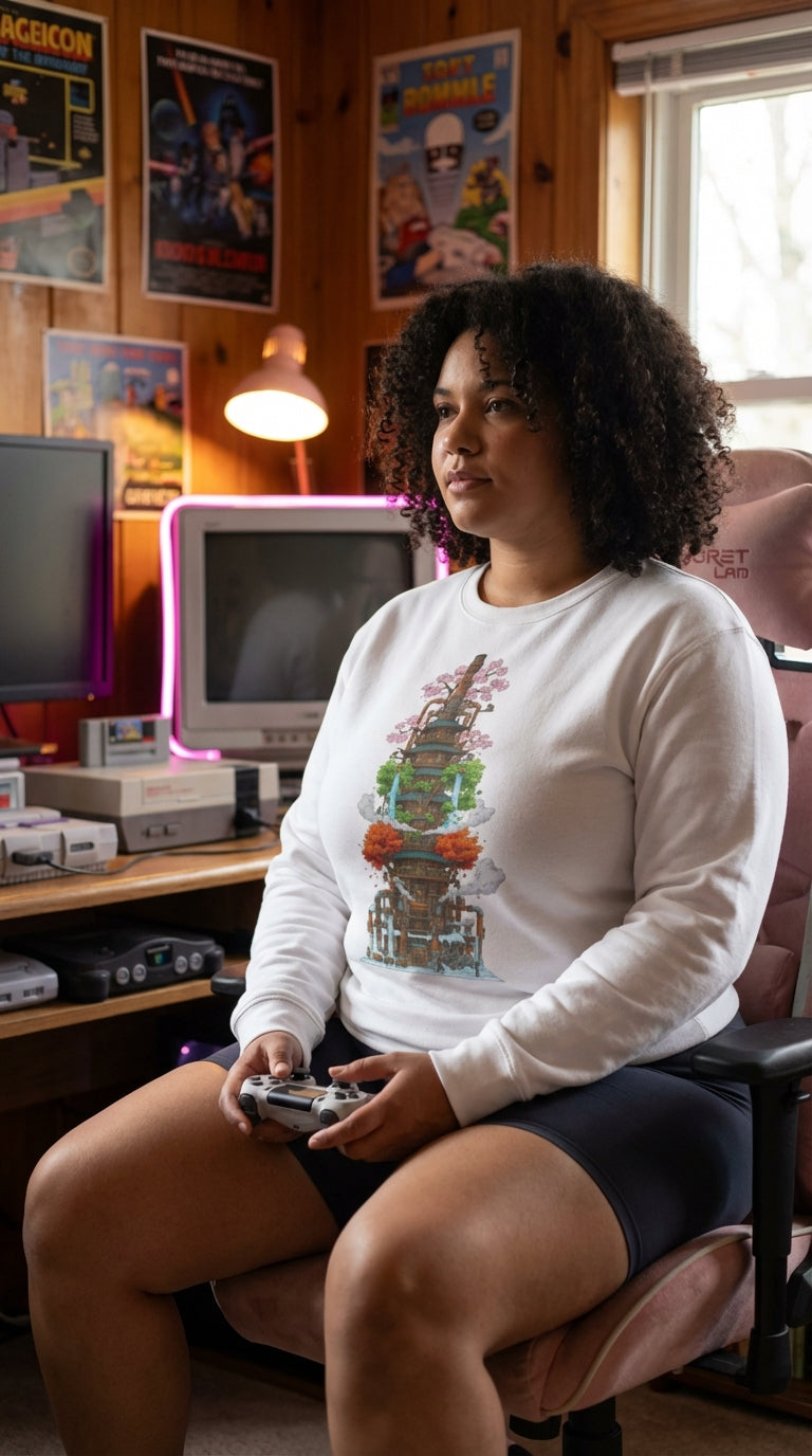 Steampunk Seasons Tower Organic Sweatshirt - Cozy Plus Gamer in Cozy Game Den - Mana Color Aesthetic