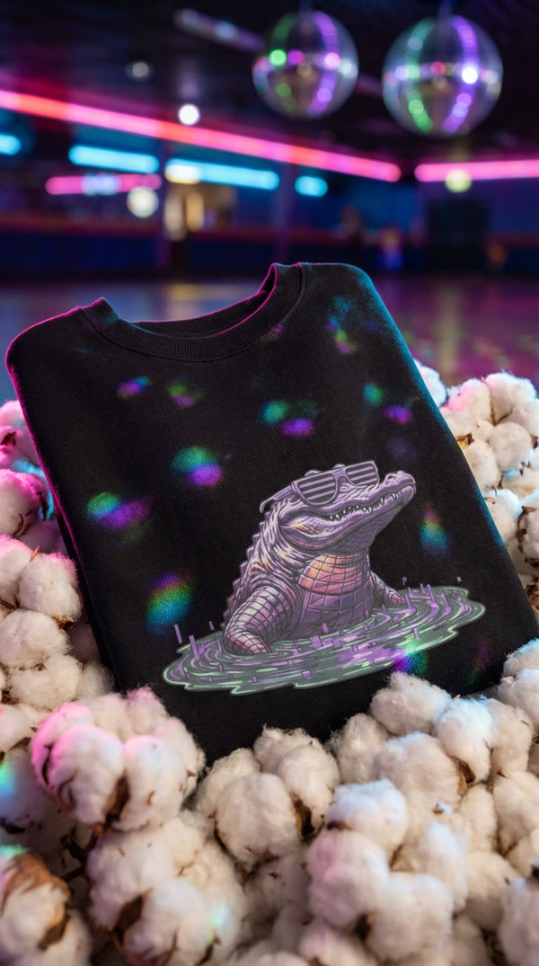 Vaporwave Gator Organic Cotton Sweatshirt - GOTS Certification Hero in Roller Rink - 90s Retro Sustainable