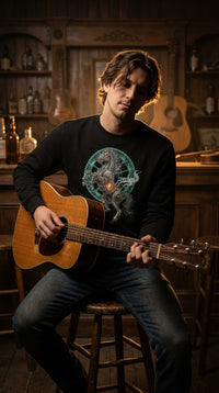 Steampunk Stallion Organic Cotton Sweatshirt - Acoustic Guitarist in Saloon Interior - Eco-Aesthetic Lifestyle