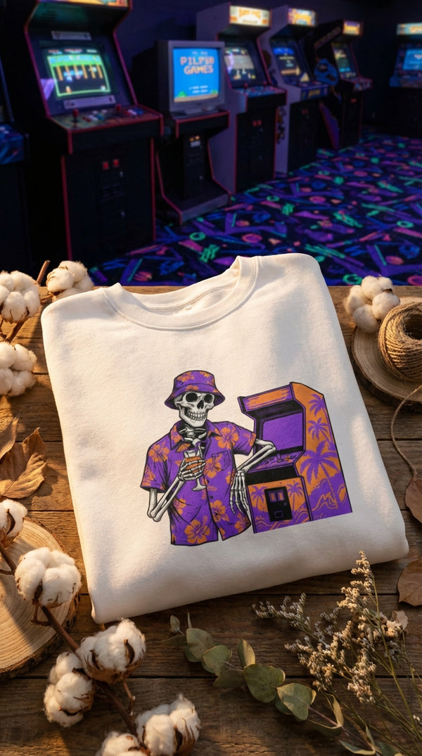 Retro Arcade Skeleton Organic Cotton Sweatshirt - GOTS Certification Hero in Neon Arcade Alley - 90s Retro Sustainable