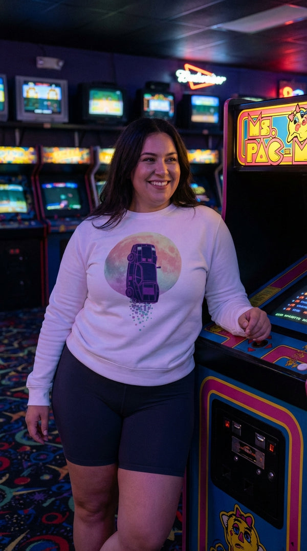 Synthwave Flying Car Organic Cotton Sweatshirt - Retro Plus Arcade in Neon Arcade Alley - 90s Grunge Revival