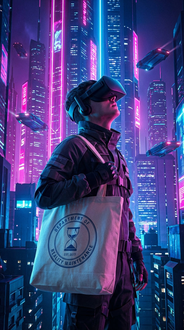 Sustainable Reality Maintenance Organic Canvas Tote Bag - VR Metaverse Explorer in Neon Cyberpunk - GenZ Ethical Hype