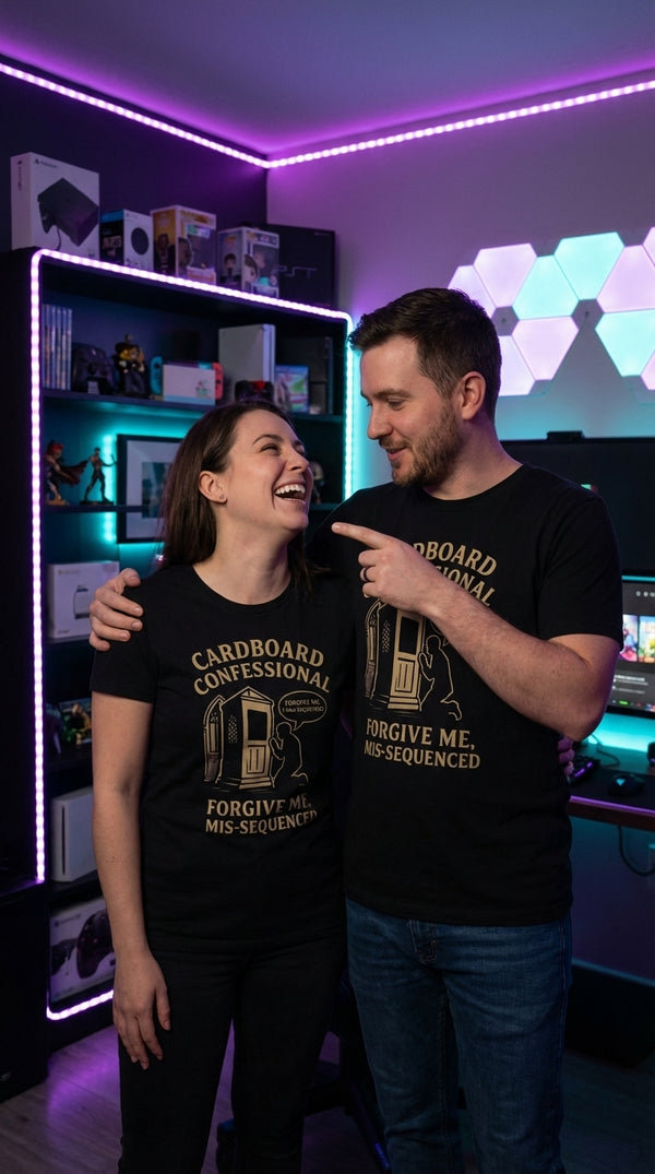 Organic Cotton T-Shirt Unisex Cardboard Confessional - Couple / Duo in RGB Gaming Room - Untap & Upkeep Lifestyle