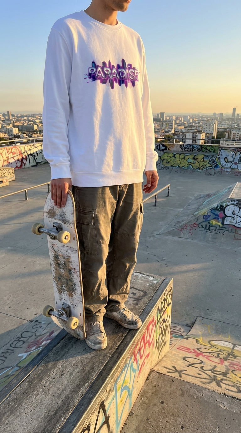 Paradise Synthwave Organic Cotton Sweatshirt - Urban Skater in Rooftop Skatepark - 90s Retro Sustainable