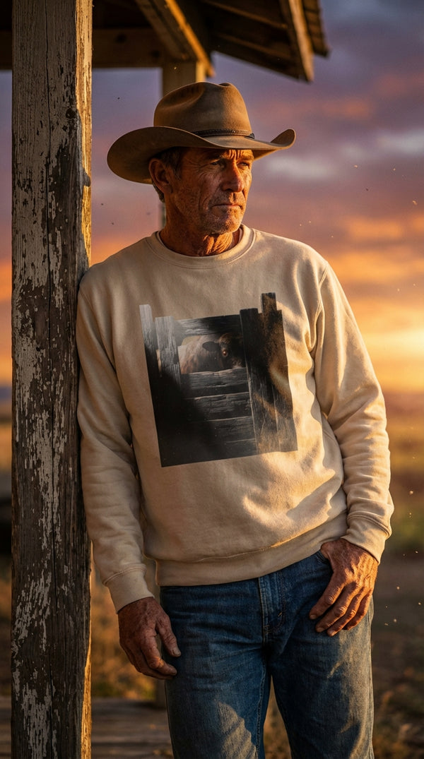 Rustic Bull Gate Organic Cotton Sweatshirt - Cowboy Model in Ranch Porch - Eco-Aesthetic Lifestyle
